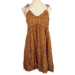 Geometric Print Tie Strap Ruffle Dress Womens Small Sundress Mini Boho Brown